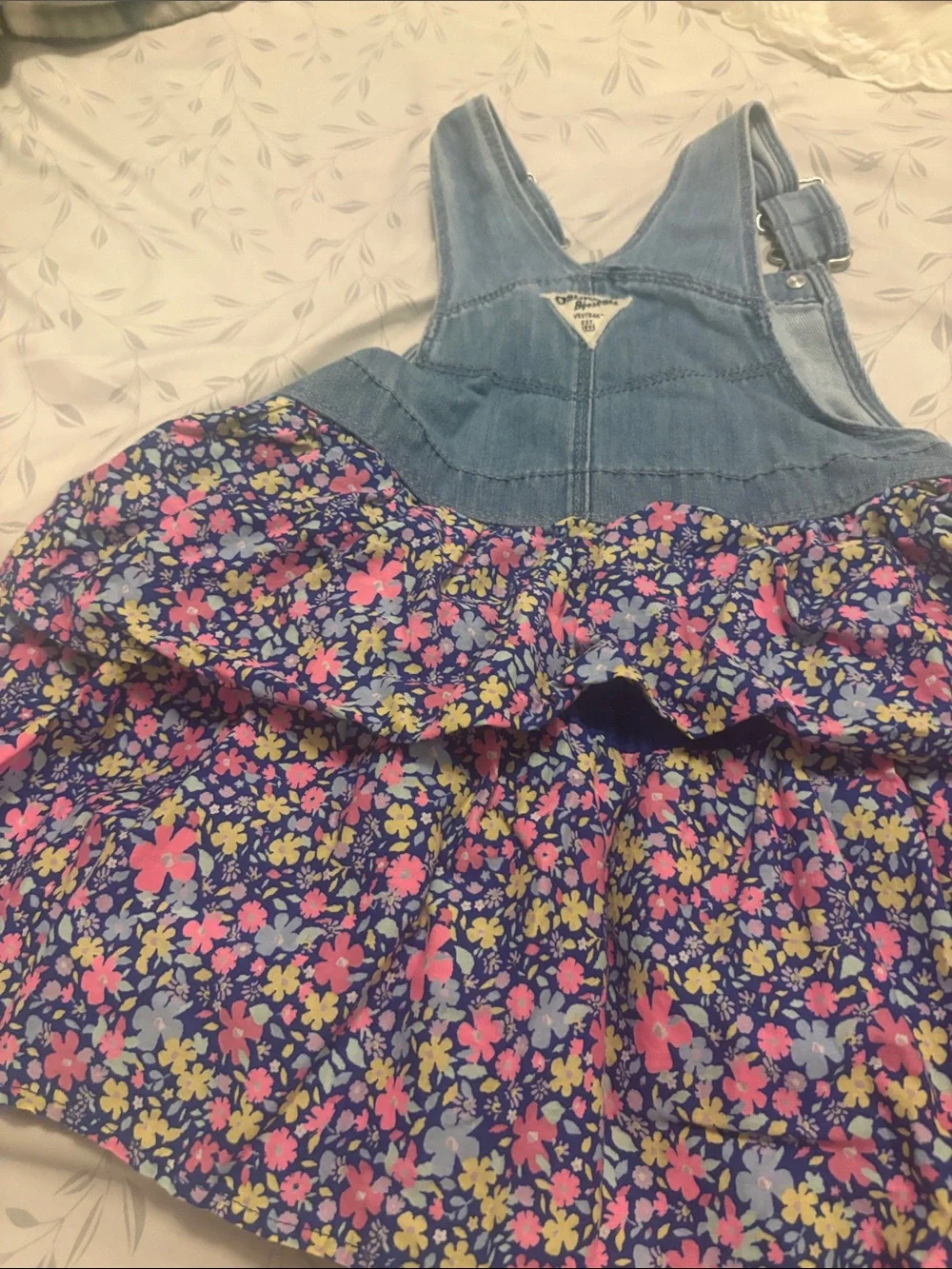 OshKosh B'gosh Denim Floral Tiered Overall Skirt - Light Blue/Purple/Pink